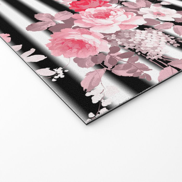 Vintage blush pink floral black white stripes Welcome Mat Gallery Image 2