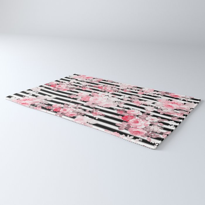 Vintage blush pink floral black white stripes Rug Gallery Image 3