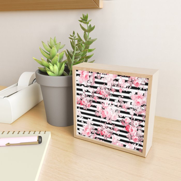 Vintage blush pink floral black white stripes Mini Art Print Gallery Image 2