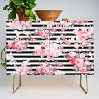 Vintage blush pink floral black white stripes Credenza Gallery Image 1