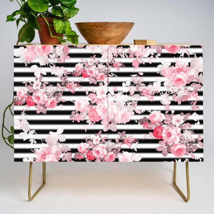 Vintage blush pink floral black white stripes Credenza Gallery Image 1