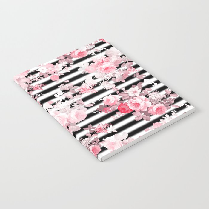 Vintage blush pink floral black white stripes Notebook Gallery Image 2