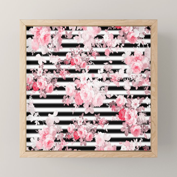 Vintage blush pink floral black white stripes Mini Art Print Gallery Image 1