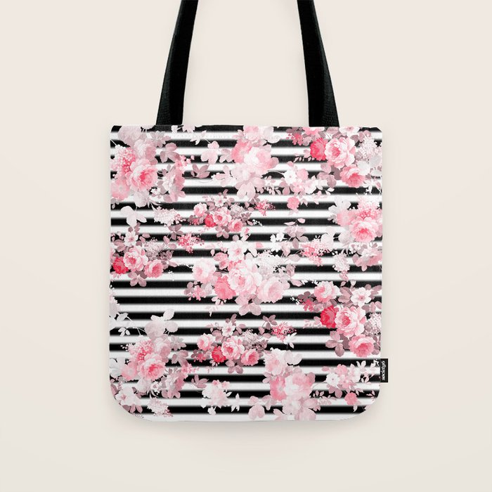 Vintage blush pink floral black white stripes Tote Bag Gallery Image 1