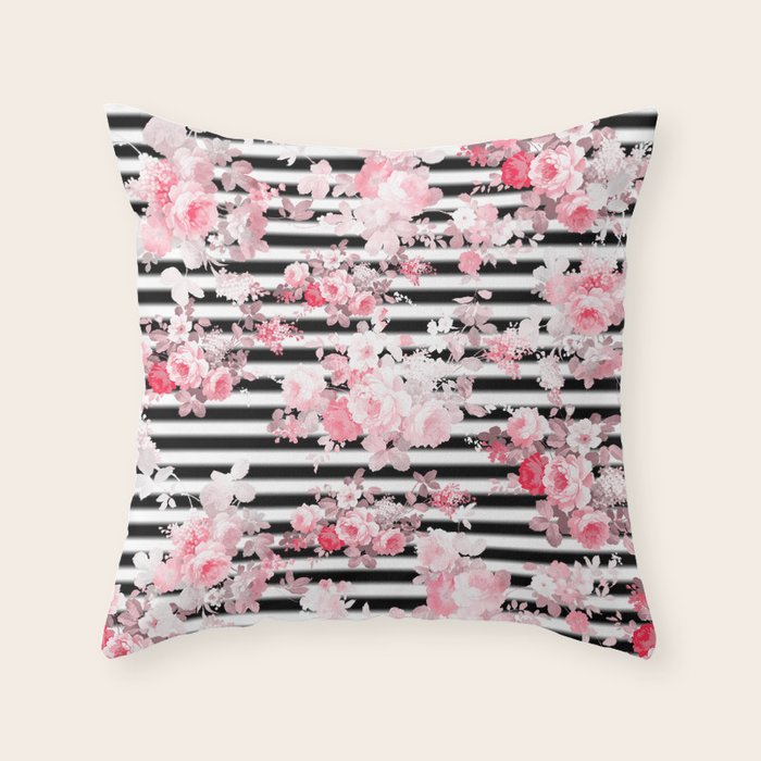 Vintage blush pink floral black white stripes Throw Pillow Gallery Image 1