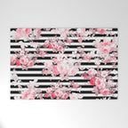 Vintage blush pink floral black white stripes Welcome Mat Gallery Image 1