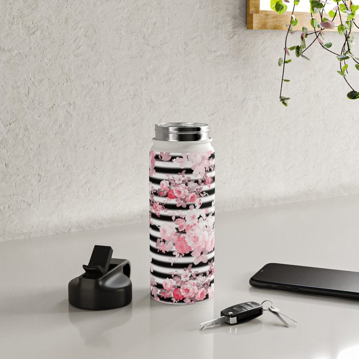 Vintage blush pink floral black white stripes Water Bottle Gallery Image 5