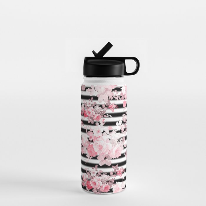 Vintage blush pink floral black white stripes Water Bottle Gallery Image 1