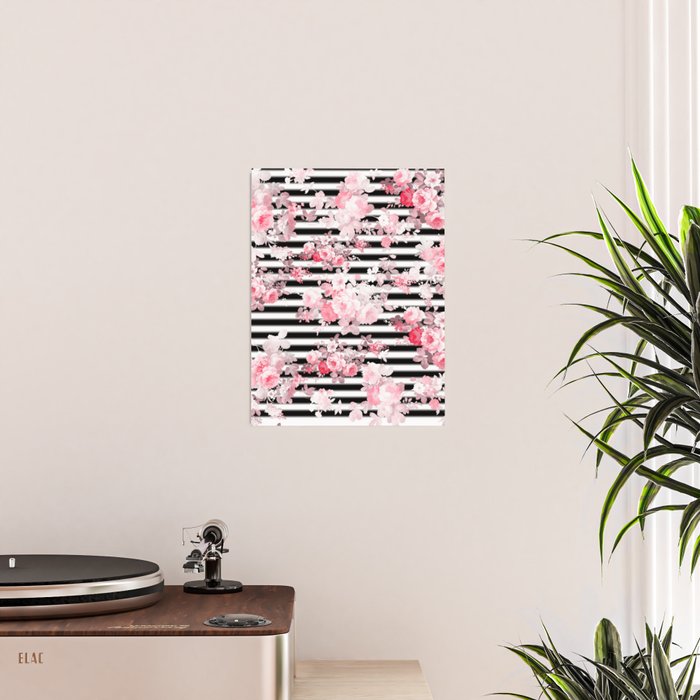 Vintage blush pink floral black white stripes Poster Gallery Image 2