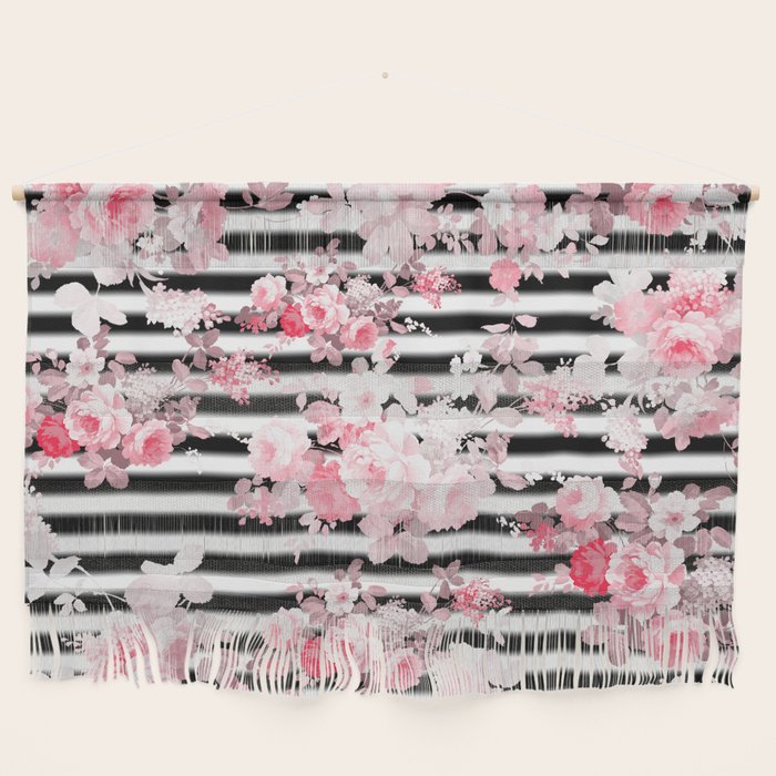 Vintage blush pink floral black white stripes Wall Hanging Gallery Image 1