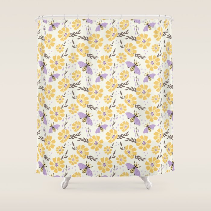 Honey Bees and Flowers - Yellow and Lavender Purple Shower Curtain Gallery Image 1