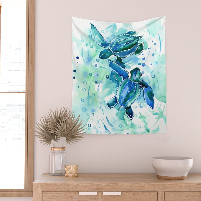 Turquoise Blue Sea Turtles in Ocean Wall Tapestry Gallery Image 2