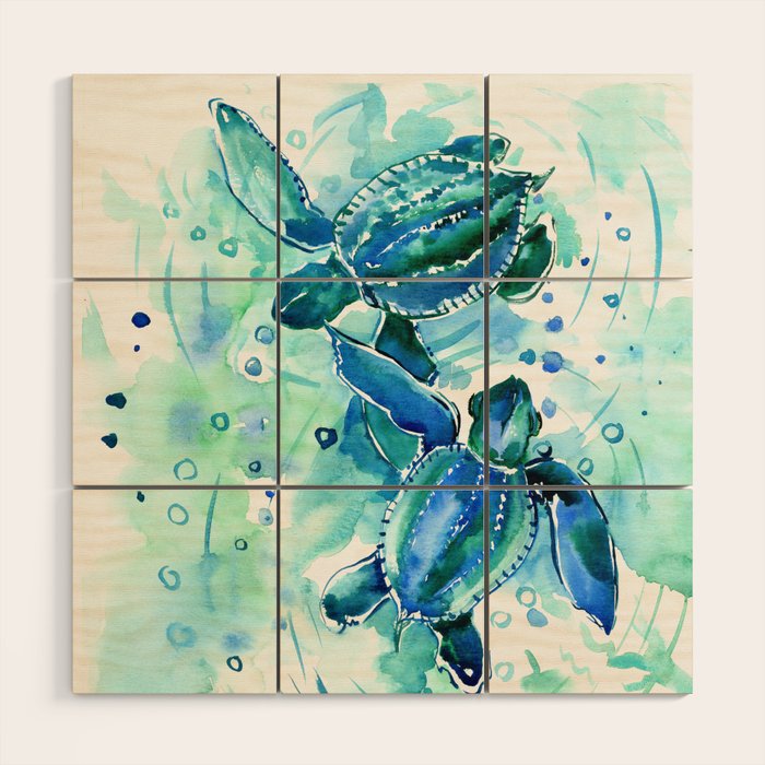 Turquoise Blue Sea Turtles in Ocean Wood Wall Art Gallery Image 1