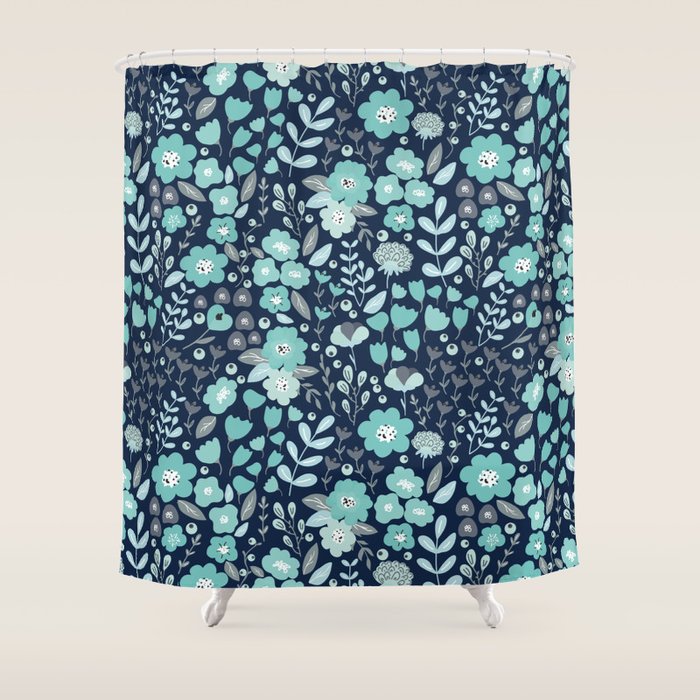Ditsy Florals, Navy and Teal Shower Curtain Gallery Image 1
