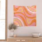 New Groove Retro Swirl Abstract Pattern in Pink, Orange, Yellow, and Cream Wall Tapestry Gallery Image 2