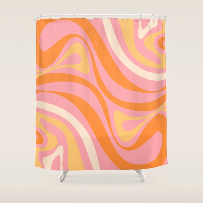 New Groove Retro Swirl Abstract Pattern in Pink, Orange, Yellow, and Cream Shower Curtain Gallery Image 1