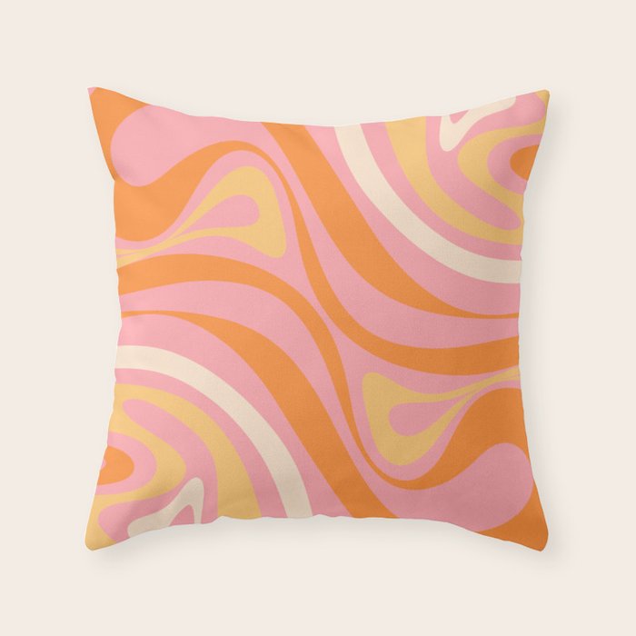 New Groove Retro Swirl Abstract Pattern in Pink, Orange, Yellow, and Cream Throw Pillow Gallery Image 1