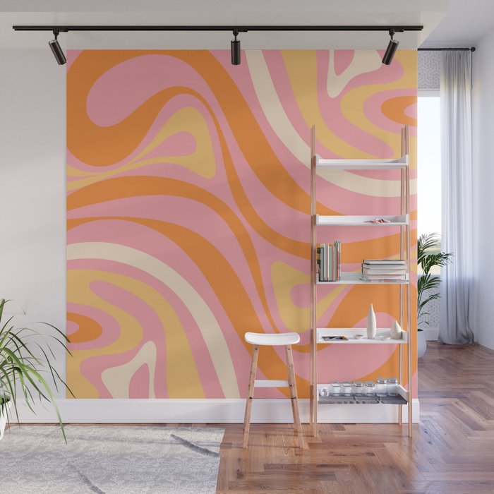 New Groove Retro Swirl Abstract Pattern in Pink, Orange, Yellow, and Cream Wall Mural Gallery Image 1