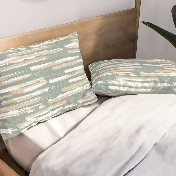 Colorful Stripes, Green and Beige, Abstract Art Pillow Sham Gallery Image 2
