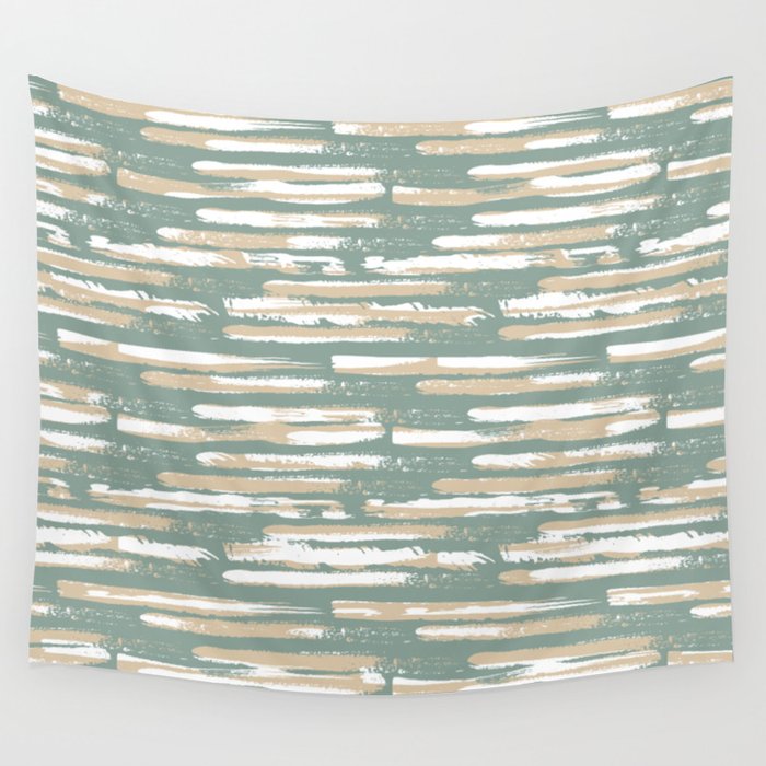 Colorful Stripes, Green and Beige, Abstract Art Wall Tapestry Gallery Image 1