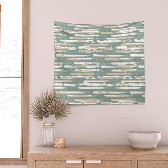 Colorful Stripes, Green and Beige, Abstract Art Wall Tapestry Gallery Image 2