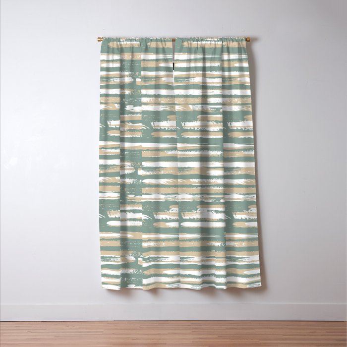 Colorful Stripes, Green and Beige, Abstract Art Window Curtain Gallery Image 3