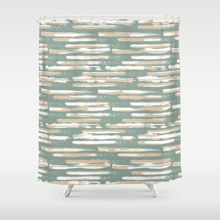 Colorful Stripes, Green and Beige, Abstract Art Shower Curtain Gallery Image 1