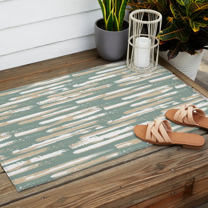 Colorful Stripes, Green and Beige, Abstract Art Outdoor Rug Gallery Image 2