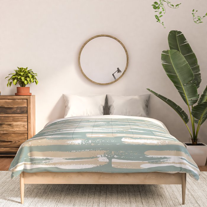 Colorful Stripes, Green and Beige, Abstract Art Comforter Gallery Image 3