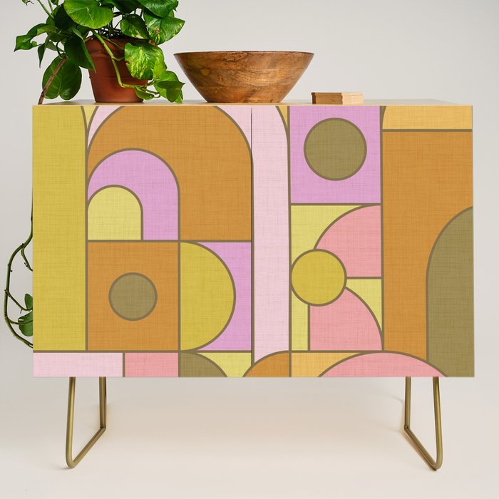 Abstract Bauhaus Shapes pink gold and olive green Credenza Gallery Image 1