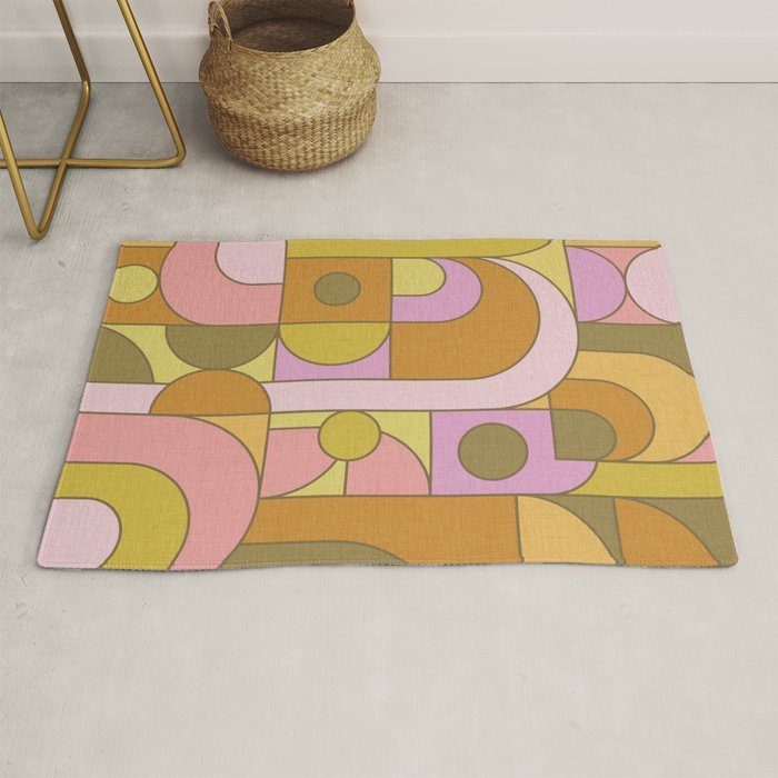 Abstract Bauhaus Shapes pink gold and olive green Rug Gallery Image 1