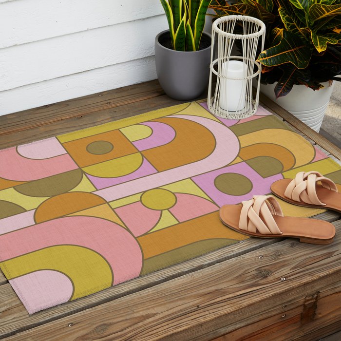 Abstract Bauhaus Shapes pink gold and olive green Outdoor Rug Gallery Image 2