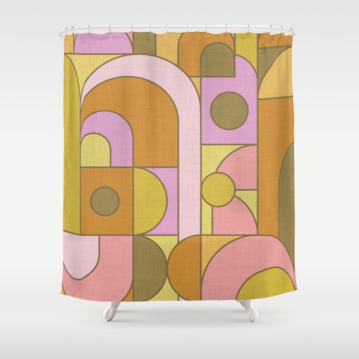 Abstract Bauhaus Shapes pink gold and olive green Shower Curtain Gallery Image 1