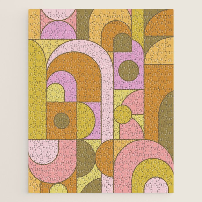 Abstract Bauhaus Shapes pink gold and olive green Jigsaw Puzzle Gallery Image 1