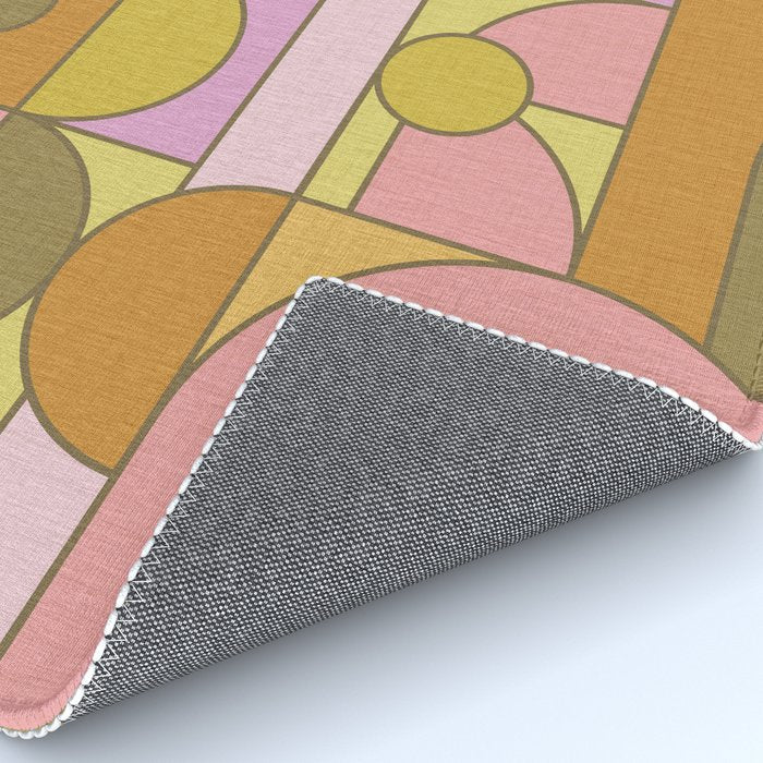 Abstract Bauhaus Shapes pink gold and olive green Rug Gallery Image 4