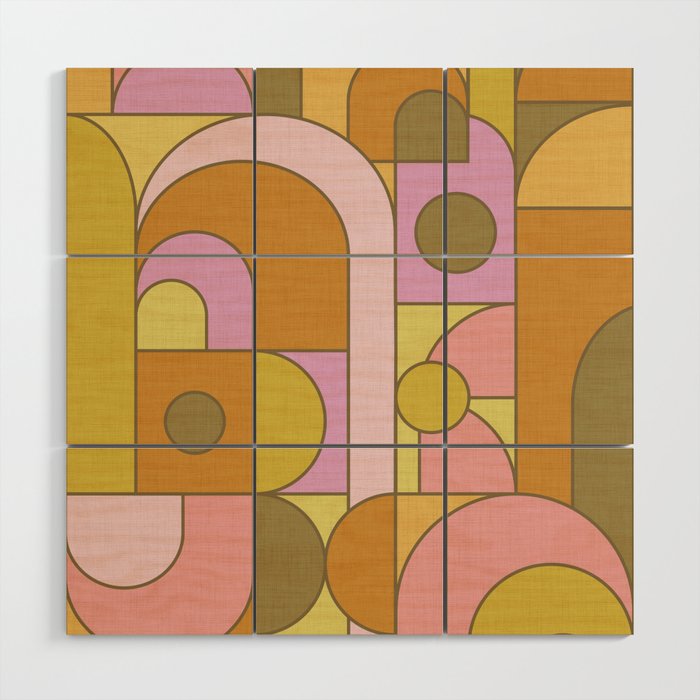 Abstract Bauhaus Shapes pink gold and olive green Wood Wall Art Gallery Image 1