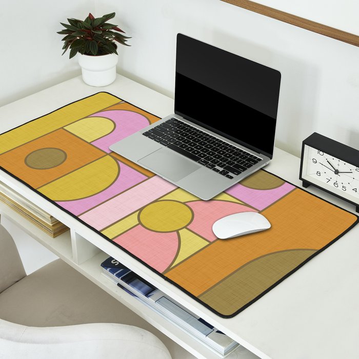 Abstract Bauhaus Shapes pink gold and olive green Desk Mat Gallery Image 2
