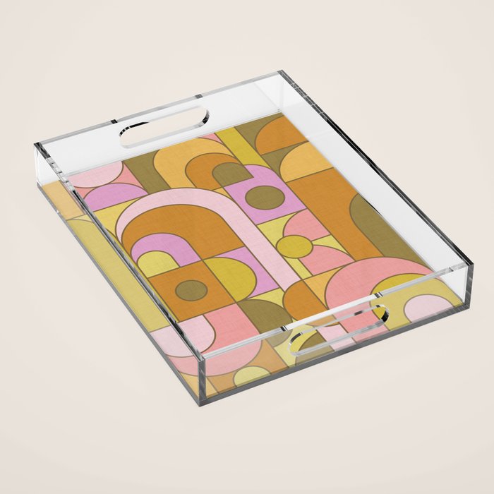 Abstract Bauhaus Shapes pink gold and olive green Acrylic Tray Gallery Image 1