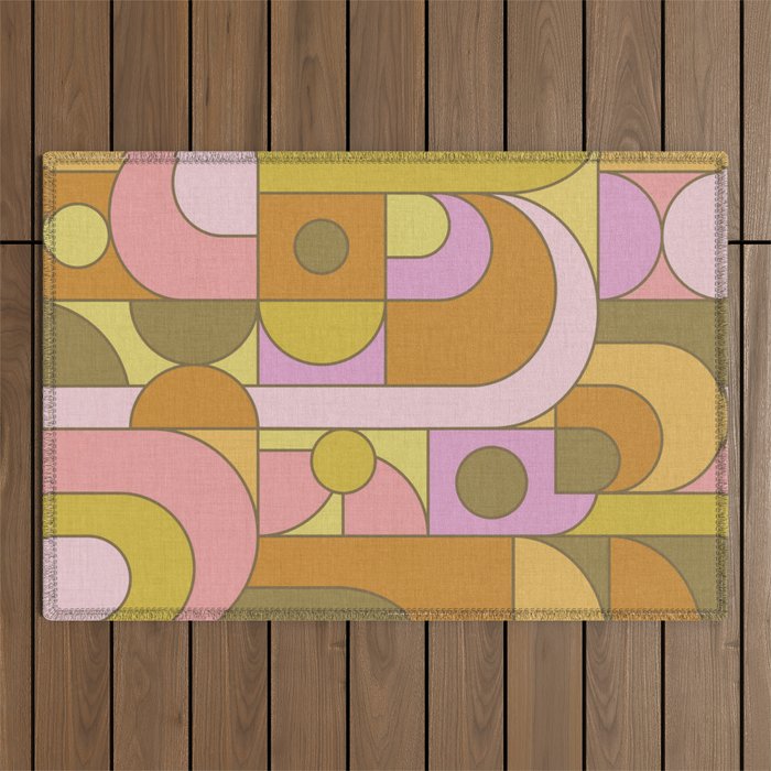 Abstract Bauhaus Shapes pink gold and olive green Outdoor Rug Gallery Image 1