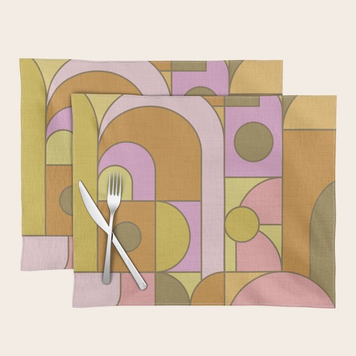 Abstract Bauhaus Shapes pink gold and olive green Placemat Gallery Image 1