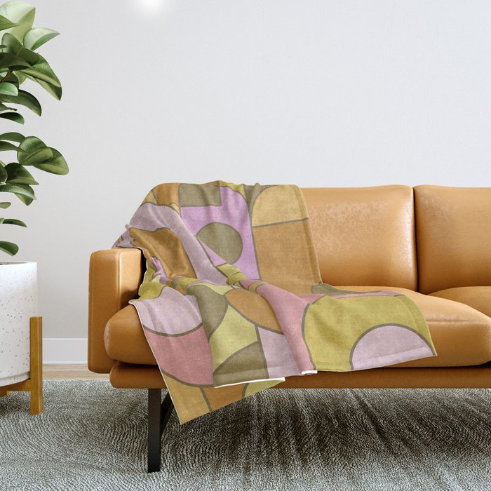 Abstract Bauhaus Shapes pink gold and olive green Throw Blanket Gallery Image 1