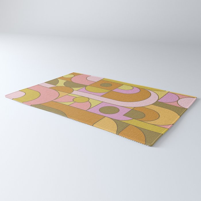 Abstract Bauhaus Shapes pink gold and olive green Rug Gallery Image 3