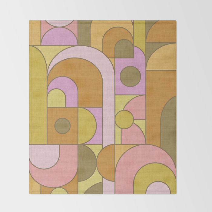 Abstract Bauhaus Shapes pink gold and olive green Throw Blanket Gallery Image 2