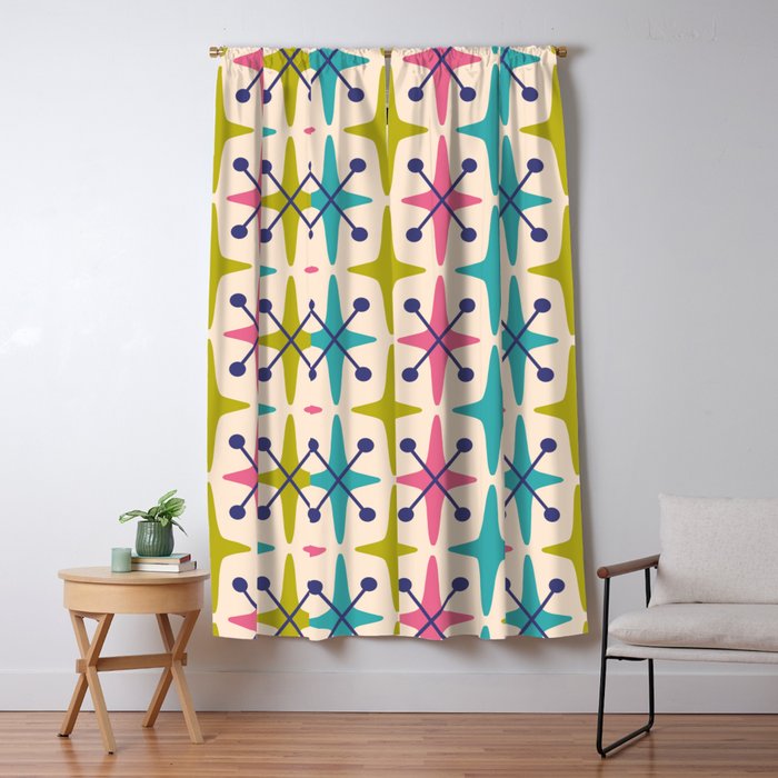 Mid Century Modern Abstract Starburst Pattern 942 Populuxe Pink Green and Blue Window Curtain Gallery Image 5
