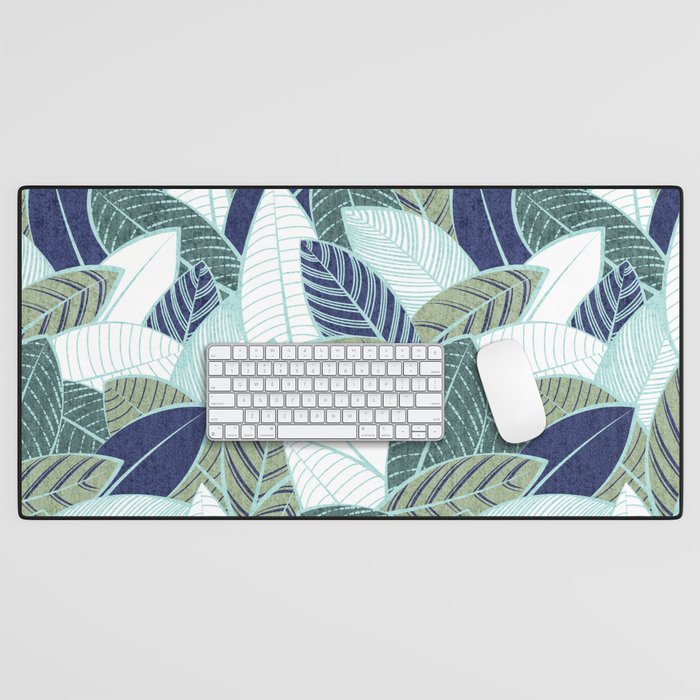 Leaf wall // navy blue pine and sage green leaves mint lines Desk Mat Gallery Image 1