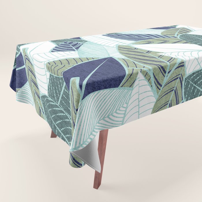 Leaf wall // navy blue pine and sage green leaves mint lines Tablecloth Gallery Image 1