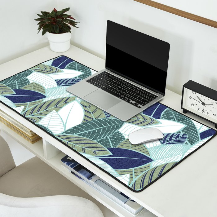 Leaf wall // navy blue pine and sage green leaves mint lines Desk Mat Gallery Image 2