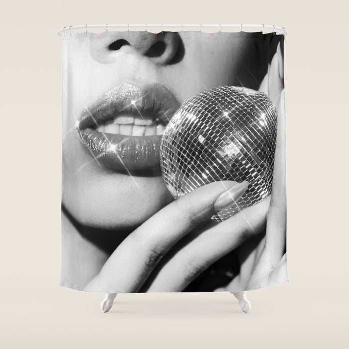 Disco Ball Female Lips - Black And White Modern Wall Art Photograph - Home Decor Shower Curtain Gallery Image 1