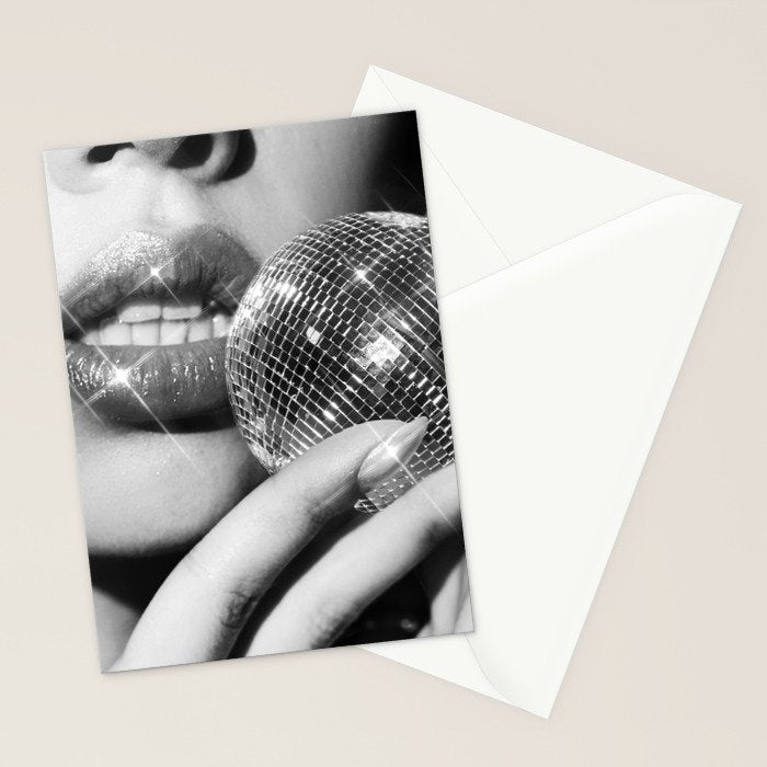 Disco Ball Female Lips - Black And White Modern Wall Art Photograph - Home Decor Stationery Card Gallery Image 2