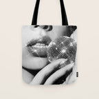 Disco Ball Female Lips - Black And White Modern Wall Art Photograph - Home Decor Tote Bag Gallery Image 1